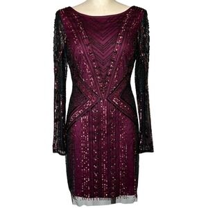 Aidan Mattox Plum Sequin Beaded Long Sleeve Cocktail Dress V-Back Size 2